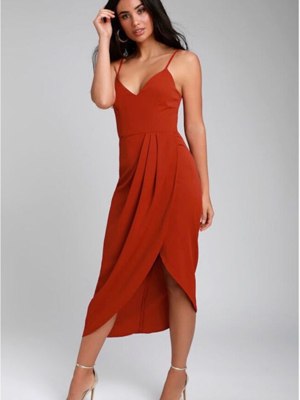 Lulu's Rust Red Burnt Orange Spaghetti-Strap Tulip Midi Dress NEW Small